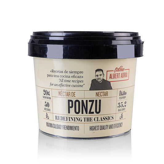 Sauce japonaise Ponzu d'Albert Adria, préparée à partir de bouillon dashi, de mirin, de sauce soja et d'épices Idéale pour les huîtres, le thon et les vinaigrettes Hautement aromatique, elle permet de gagner du temps et peut être utilisée de manière polyvalente dans la cuisine gastronomique