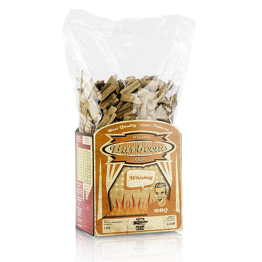 Grill BBQ - Chips de fumage en bois de chêne au whisky, 1 kg : Avec du bois de chêne aromatisé pour une expérience unique de grillade et de fumage Donne aux grillades une note particulière de whisky