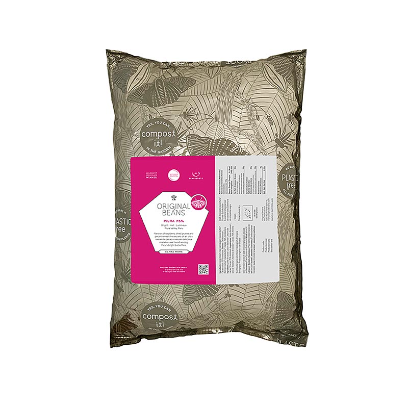Chocolat noir biologique à base de cacao blanc extrêmement rare de la vallée du fleuve Piura, Andes péruviennes, avec des notes claires de citron vert, de framboise et de noix de pécan Teneur en cacao 75%, 2 kg BIO