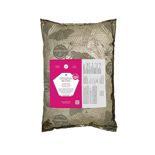 Chocolat noir biologique à base de cacao blanc extrêmement rare de la vallée du fleuve Piura, Andes péruviennes, avec des notes claires de citron vert, de framboise et de noix de pécan Teneur en cacao 75%, 2 kg BIO