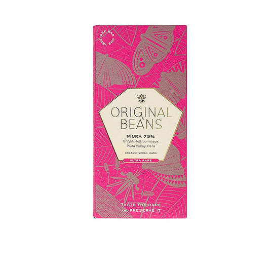 Chocolat noir biologique à base de cacao blanc rare du Pérou, avec des notes fruitées de citron vert, de framboise et de noix de pécan Avec le commerce direct, des projets de protection de la nature et un plaisir durable