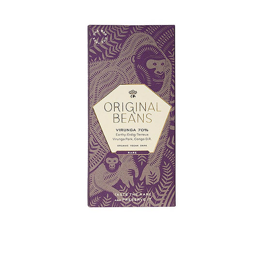 Chocolat noir biologique à 70% de cacao, produit pour la protection des gorilles de montagne et de la nature dans le parc national des Virunga, à l'est du Congo Notes chaudes de cerise molle, de chocolat et de thé noir, conché pendant 20 heures Chaque tablette plante ou protège un arbre Original Beans dans la région d'origine du cacao, qui peut être tracée par code