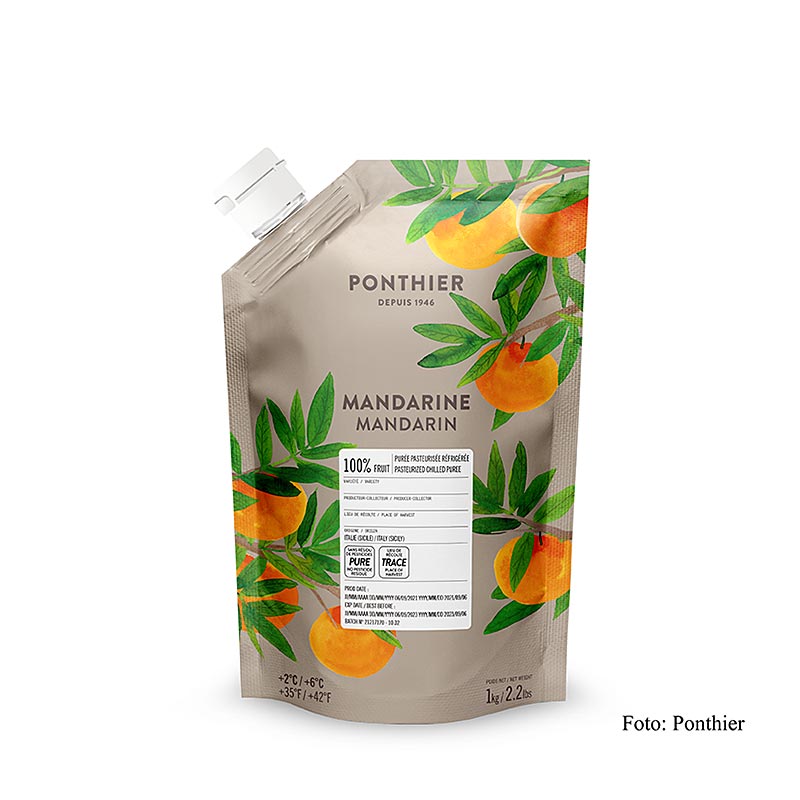 Purée de fruits Mandarine de Ponthier, 100% fruits, 1 kg - Couleur intense et goût authentique pour la haute cuisine, idéal pour les tartes, pâtisseries, desserts et glaces Goût très fruité, aromatique et sucré