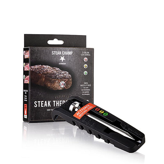 SteakChamp 3-Color-Pack, Indicateur de point de cuisson pour steaks pour 3 niveaux de cuisson, 1 pc - Thermomètre à steak avec affichage LED 3 couleurs pour des niveaux de cuisson parfaits, convient pour le bœuf, le porc, le gibier, le poisson et le magret de canard, pour le gril, le four ou la poêle jusqu'à 500 degrés