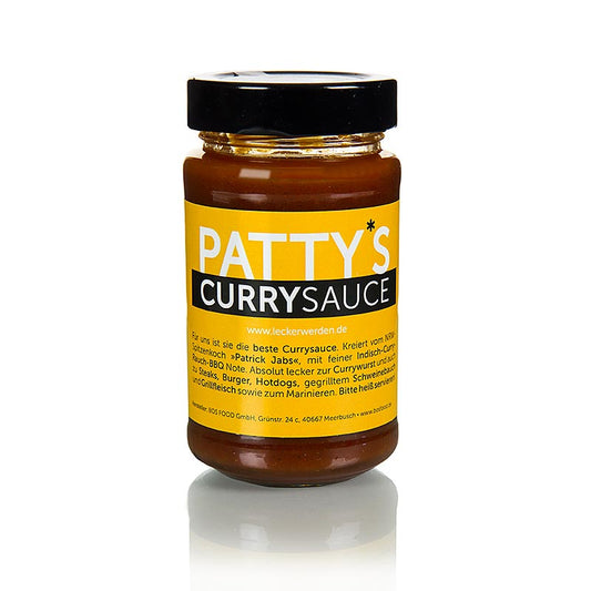 225 ml de sauce curry Pattys, créée par Patrick Jabs, sans gluten et sans lactose, idéale pour les saucisses au curry, les steaks, les burgers, les hot-dogs et pour mariner, avec une note de BBQ indien-curry-fumé