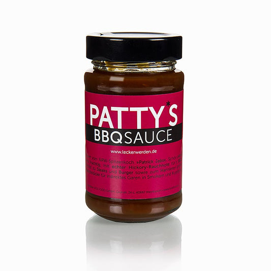Bouteille de 225 ml de sauce BBQ Pattys, créée par Patrick Jabs, ardente et fruitée avec une véritable note de fumée de hickory, parfaite pour les steaks, les burgers et pour mariner les grosses pièces de viande pour une cuisson indirecte dans les smokers ou les barbecues sphériques