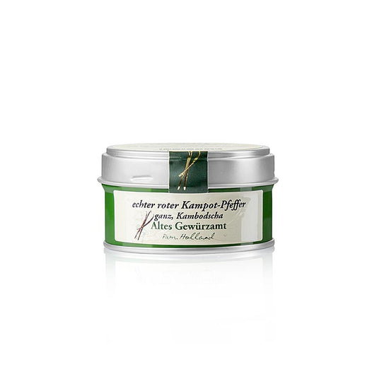 Poivre rouge de Kampot, grains de poivre entiers et mûrs du Cambodge, Altes Gewürzamt, 40 g - épice exotique au goût fruité et sucré et au piquant persistant, convient pour le porc, le poulet, le poisson et les fruits mûrs comme la mangue et les fraises Broyer dans un mortier avant utilisation
