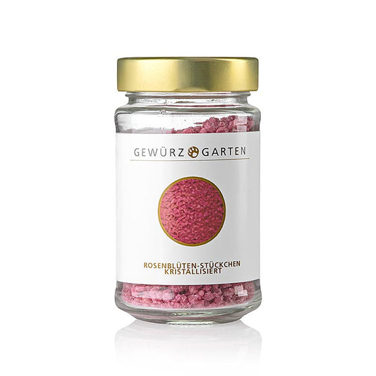 Morceaux de pétales de rose cristallisés, confits dans du sucre fin, parfaits pour décorer les gâteaux, les puddings et les crèmes glacées.