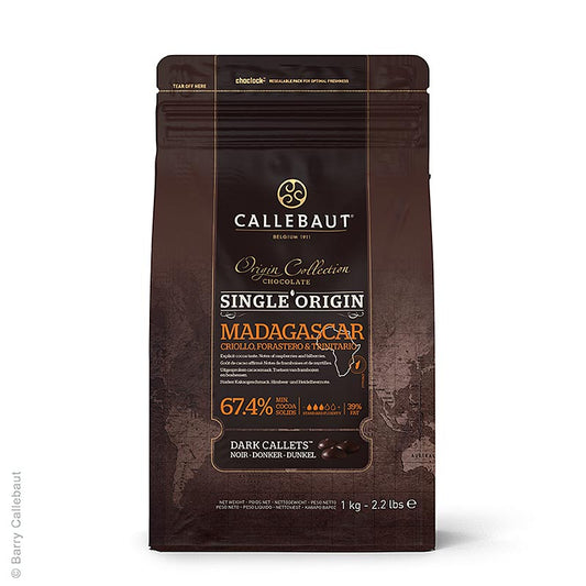 Origine Madagascar, couverture noire, Callets, 67,4% de cacao, 2,5 kg