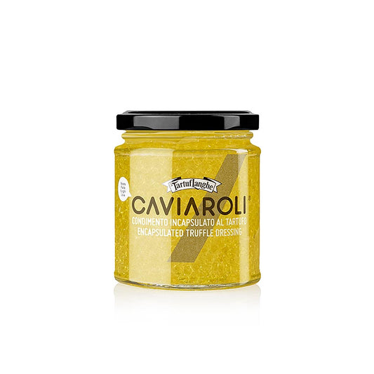 Perlage di Tartufo - caviar d'huile d'olive à l'aspect fascinant et au goût original de truffe, un point fort élégant pour les plats chauds et froids Idéal pour la finger food, les hors-d'œuvre, les salades, les soupes, les sauces, le poisson, les fruits de mer et bien plus encore