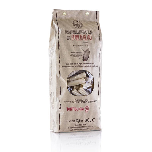 Tortiglioni Morelli 1860 avec germe de blé, 500 g - Pâtes italiennes faites à la main à partir de semoule de blé dur, riches en nutriments et au goût intense produites par l'ancienne manufacture de pâtes Morelli
