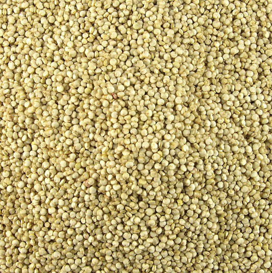 Image d'un produit de 1 kg de quinoa blanc Le grain miracle des Incas avec description des possibilités de préparation en soupes, gâteaux et croquettes