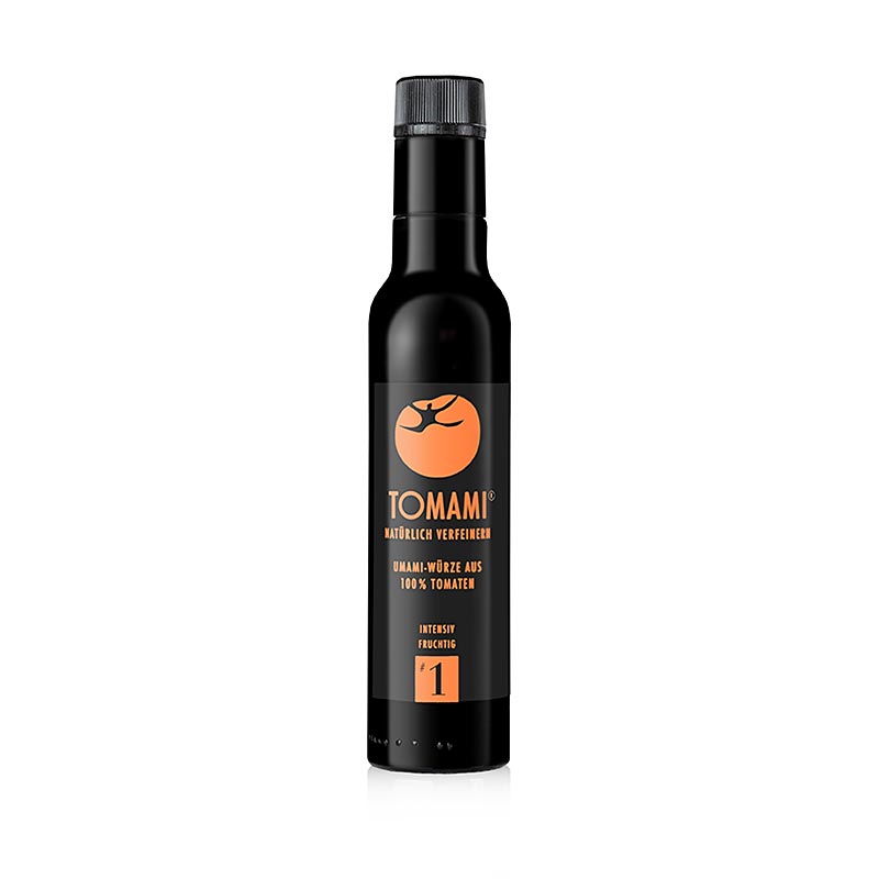 Une bouteille de concentré de tomate Tomami Umami ®, fruité intense, 240 ml, un produit purement naturel, obtenu à partir de tomates bien mûres, pour plus de profondeur de goût dans tous les plats, sans donner un goût de tomate aux aliments