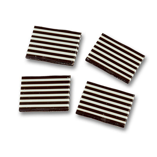 Décorations Domino Rectangle chocolat blanc/noir rayé, 32x49mm, 1,2 kg, ca380 pcs - Décorations chocolat rayé pour desserts, crème, glace ou gâteaux Goût : chocolat blanc et chocolat noir affiné à la vanille naturelle