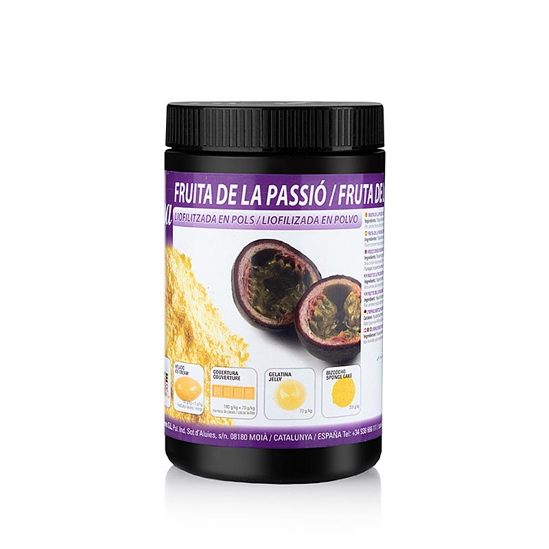 700 g de poudre de fruits de la passion Sosa dans un récipient pratique pour la préparation de desserts, de glaces et de mousses au goût fruité intense et à l'arôme exotique