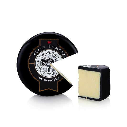 Snowdonia - Little Black Bomber, fromage cheddar affiné, cire noire, 200 g - Cheddar à maturation extra longue, crémeux et moelleux, au goût rond, parfait seul ou avec du pain, de la relish ou du chutney, recommandé avec du Cabernet Sauvignon ou du Chardonnay, lauréat de concours internationaux et britanniques de fromages