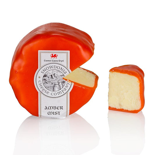 Snowdonia - Amber Mist, Cheddar au whisky et à la cire orange, 200 g - Cheddar affiné au whisky écossais, goût chaud et parfumé, idéal pour une belle soirée