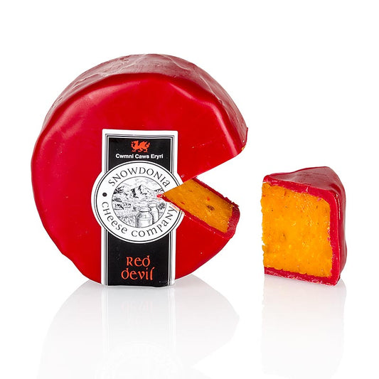 Snowdonia - Red Devil, Fromage de Leicester, au poivre et au piment, cire rouge, 200 g - Un fromage de Leicester rouge épicé, au poivre et au piment, récompensé par une médaille de bronze aux World Cheese Awards, parfait pour les burgers, les nachos et la dégustation de bière