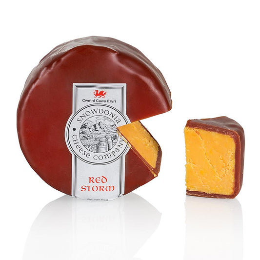 Snowdonia - Red Storm, fromage de Leicester affiné, cire rouge foncé, 200 g - plateau de fromage, sandwich au jambon, gratin, Merlot - affiné 18 mois, arôme intense de noix, toucher parfait, petits cristaux