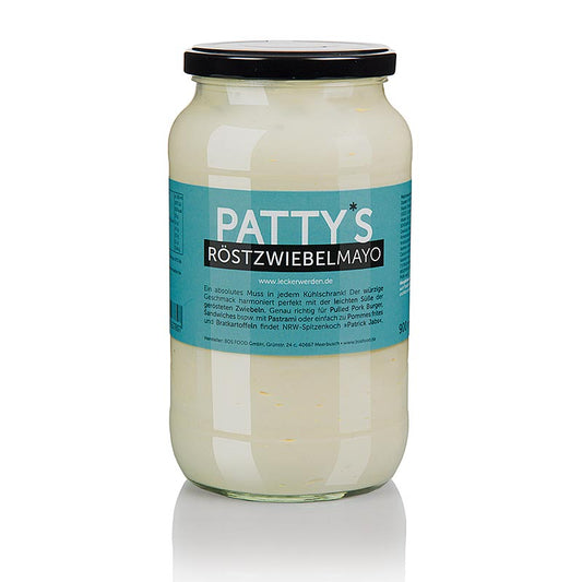 Image d'un récipient de 900 ml de mayonnaise aux oignons frits Pattys, créée par le grand chef Patrick Jabs, parfaite pour les burgers de porc pulled, les sandwichs et les frites.