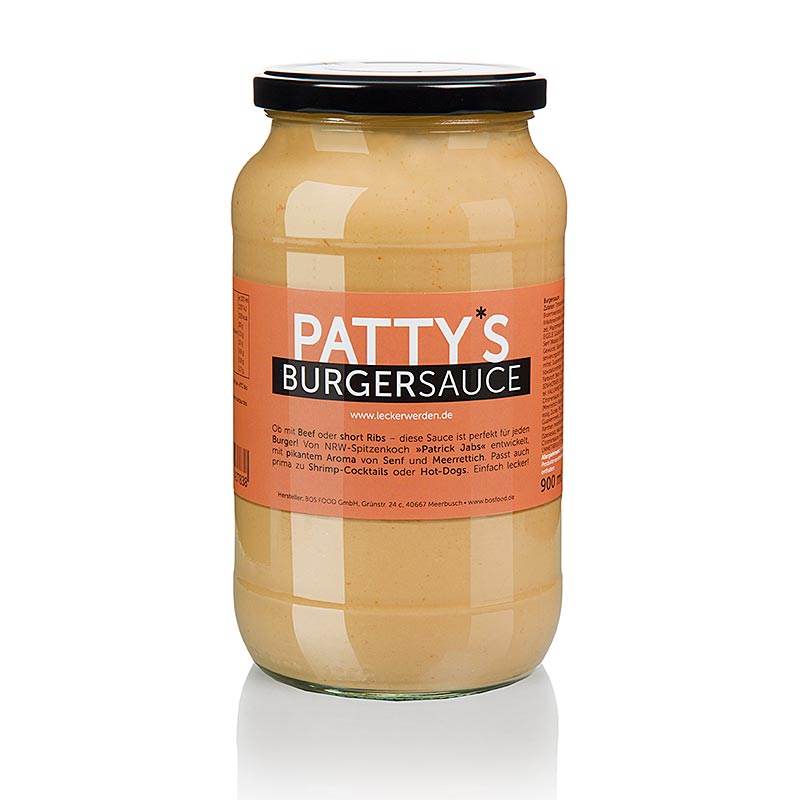 Image d'une bouteille de sauce burger Pattys, créée par Patrick Jabs, 900 ml, parfaite pour le bœuf ou les short ribs, développée par le grand chef Patrick Jabs avec des arômes épicés de moutarde et de raifort, également idéale pour les cocktails de crevettes ou les hot dogs