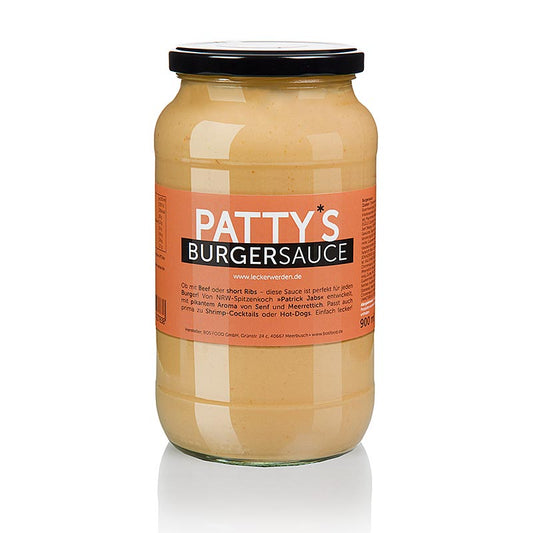 Image d'une bouteille de sauce burger Pattys, créée par Patrick Jabs, 900 ml, parfaite pour le bœuf ou les short ribs, développée par le grand chef Patrick Jabs avec des arômes épicés de moutarde et de raifort, également idéale pour les cocktails de crevettes ou les hot dogs