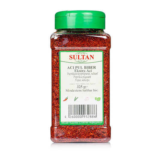 French : Pul Biber, préparation d'épices pour chili turc, 325 g - mélange d'épices aromatique à base de piments rouges séchés dans un emballage pratique de 325 g