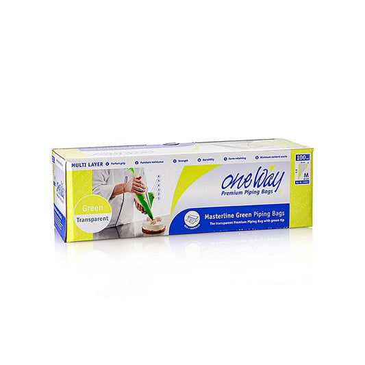 Poche à douille jetable, 46x26cm, One Way Masterline Green, 1,25l, 100 pcs, anti-fuite, indéchirable, facile à utiliser, couture renforcée, pour masse froide et crème fouettée