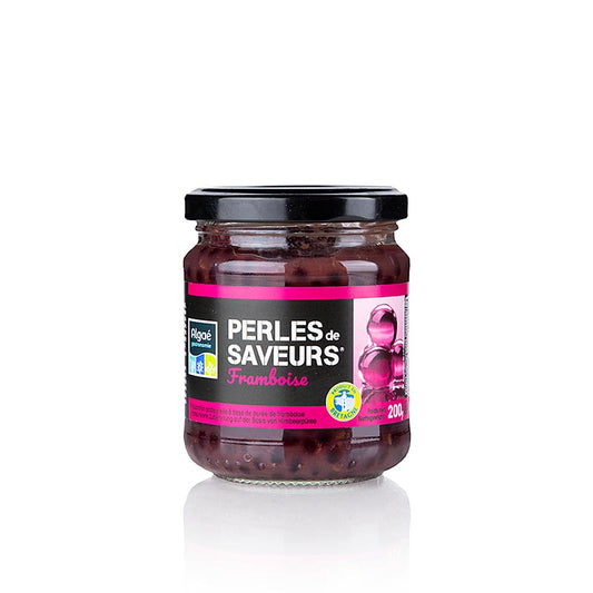 Perles sphériques de framboise au vinaigre balsamique, 5 mm, remplies de jus de framboise acidulé, pour des effets surprenants en accompagnement de plats salés