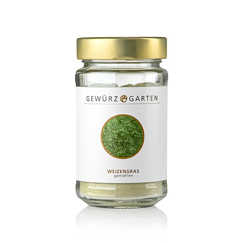 Image d'un produit de 60 g d'herbe de blé moulue Gewürzgarten, fabriqué à partir de jeunes pousses d'herbe de blé, apprécié comme superaliment et dans les smoothies verts, un enrichissement pour les recettes classiques et savoureuses.