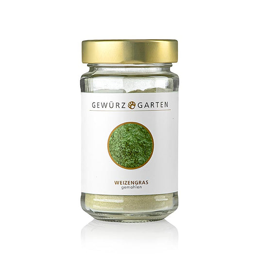 Image d'un produit de 60 g d'herbe de blé moulue Gewürzgarten, fabriqué à partir de jeunes pousses d'herbe de blé, apprécié comme superaliment et dans les smoothies verts, un enrichissement pour les recettes classiques et savoureuses.