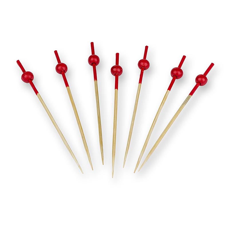 Pics en bois de 9 cm de long, bois clair, extrémité colorée en rouge et boule rouge, idéal pour les présentations de nourriture et les événements