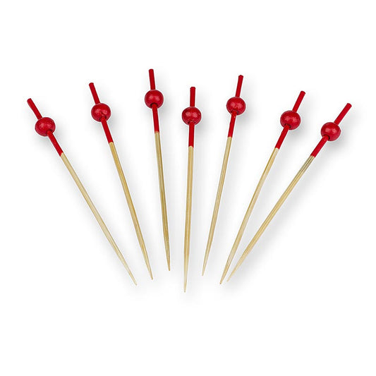 Pics en bois de 9 cm de long, bois clair, extrémité colorée en rouge et boule rouge, idéal pour les présentations de nourriture et les événements