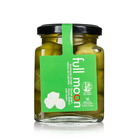 Olives vertes dénoyautées aux petits oignons doux et acidulés, San Carlos Gourmet, 300 g - délicieuses olives Gordal, parfaites pour les tapas et les salades