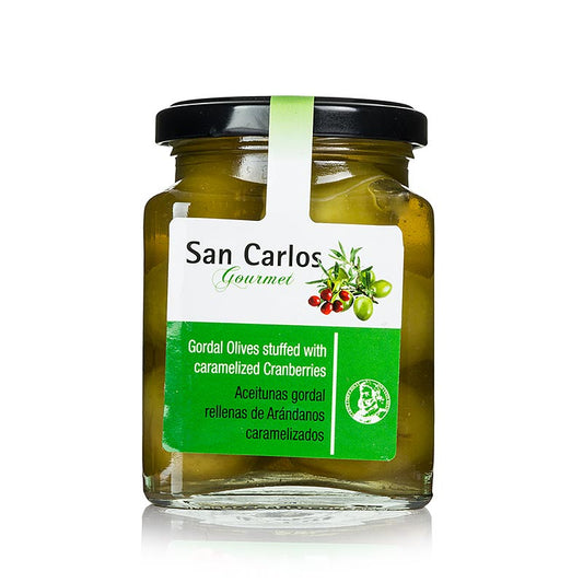 Olives vertes dénoyautées, Gordal, aux cranberries caramélisées, San Carlos, 300 g, marinées en combinaison avec des fruits doux, parfaites pour les tapas, le fromage et la salade