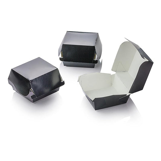Boîtes en carton pour hamburgers Mini, noir, 90x80x50mm,100% Chef, 100 pcs, idéal pour emporter un hamburger rapidement et facilement