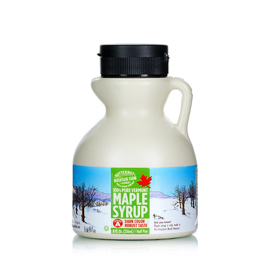 Sirop d'érable - Dark Robust, Vermont, 236 ml : un sirop d'érable foncé et puissant à l'arôme prononcé et au goût de caramel et de sucre brun, idéal pour la cuisine et comme édulcorant pour les céréales et les recettes.