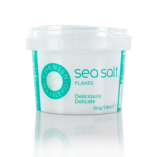 Flocons de sel marin de Cornish Sea Salt, récoltés à la main au large des côtes de Cornouailles, aromatiques et riches en minéraux.