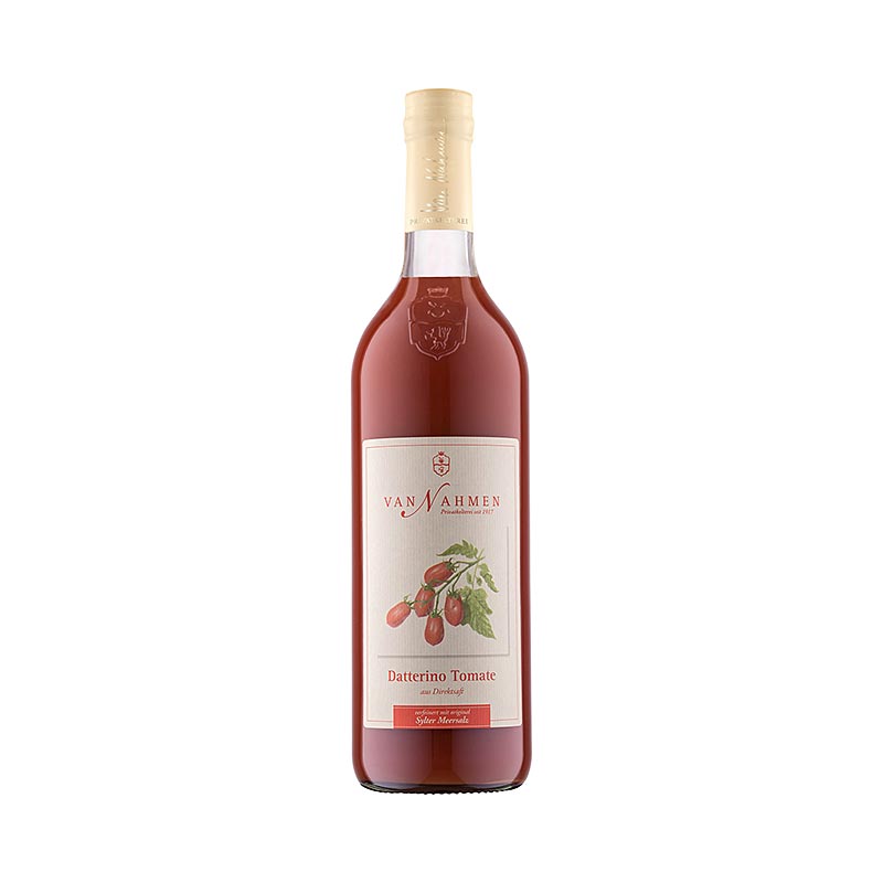 Van Nahmen - Datterino Jus de tomate, 100% pur jus, 750 ml - Image d'un produit de Sicile, avec de petites tomates allongées, d'un rouge profond et brillant, dont la forme ressemble à de petites dattes La tomate Datterino a un profil aromatique passionnant et une douceur prononcée, qui, grâce à l'ajout de véritable sel marin de Sylt et de poivre noir du Kerala, assure une expérience gustative arrondie et une saveur délicatement épicée.