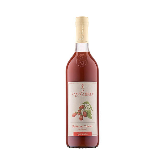 Van Nahmen - Datterino Jus de tomate, 100% pur jus, 750 ml - Image d'un produit de Sicile, avec de petites tomates allongées, d'un rouge profond et brillant, dont la forme ressemble à de petites dattes La tomate Datterino a un profil aromatique passionnant et une douceur prononcée, qui, grâce à l'ajout de véritable sel marin de Sylt et de poivre noir du Kerala, assure une expérience gustative arrondie et une saveur délicatement épicée.