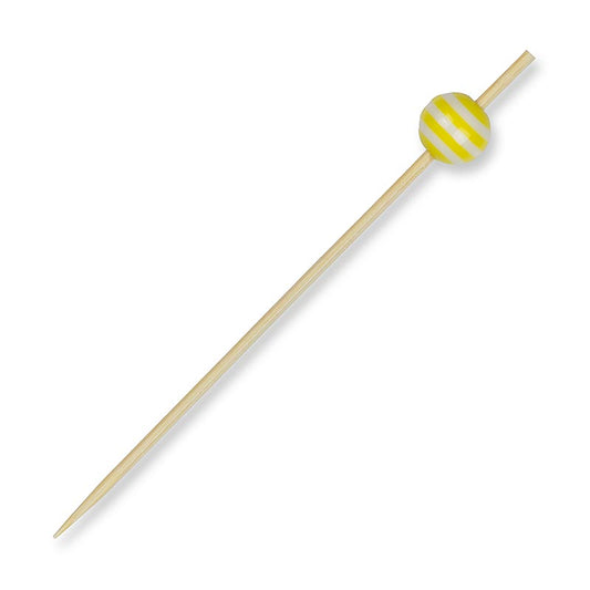 Brochettes en bois avec décoration de boule de cristal rayée jaune et blanche, 9cm de long, 100 pièces - Parfaites pour les canapés, fingerfood, buffets et cocktails ! Découvrez un choix varié de magnifiques brochettes artisanales chez BOSFOOD