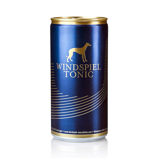 Eau tonique de l'Eifel en canette bleue, adaptée au Windspiel Premium Dry Gin, avec de l'eau minérale rafraîchissante et un soupçon de citron, pour une dégustation harmonieuse et délicieuse de gin tonic.
