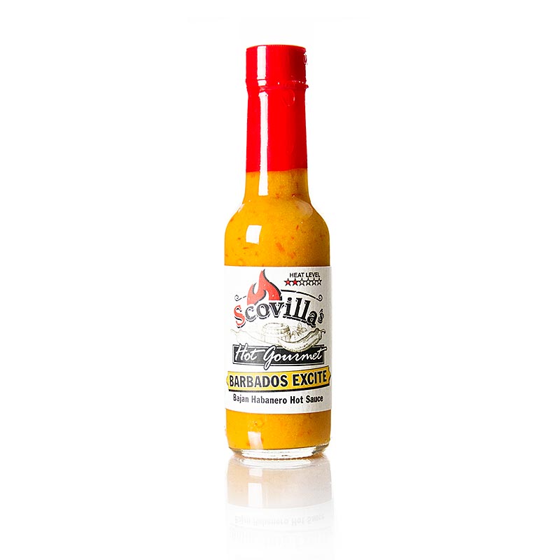 Scovilla Barbados Excite Sauce, Habanero Chili, 148 ml - Sauce chaude jaune des Caraïbes avec des Habaneros épicés, des oignons, de la moutarde et du curcuma, parfaite pour les viandes grillées, la volaille et le poisson frais, ainsi que pour assaisonner les plats de riz des Caraïbes tropicales.