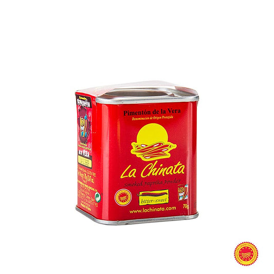 Piment en poudre - Pimenton de la Vera DOP/gU, fumé, doux-amer, la Chinata, 70 g - Spécialité espagnole, fumé traditionnellement sur du bois de chêne et moulu avec soin, goût unique et stabilité de la couleur, idéal pour la cuisine méditerranéenne et la fabrication de saucisses