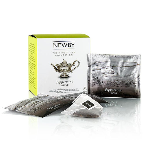 Image d'un 30 g Newby Tea Peppermint Infusion thé à la menthe avec 15 pièces, montrant la passion, l'art, la science et la tradition du thé