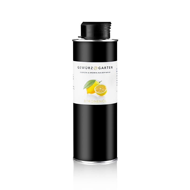 Image d'un flacon de 250 ml d'huile de citron dans l'huile de colza Gewürzgarten, obtenue à partir d'huile de colza et de 2% d'huile essentielle de citron par pression à froid des zestes, avec une complexité de composants gustatifs et olfactifs qu'une huile aromatique distillée ne peut pas avoir.