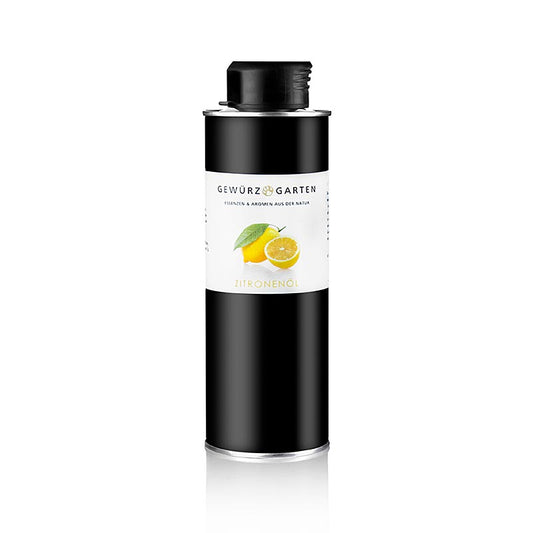 Image d'un flacon de 250 ml d'huile de citron dans l'huile de colza Gewürzgarten, obtenue à partir d'huile de colza et de 2% d'huile essentielle de citron par pression à froid des zestes, avec une complexité de composants gustatifs et olfactifs qu'une huile aromatique distillée ne peut pas avoir.