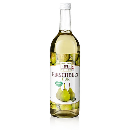Jus de poire à cerf, 100% pur jus, Obsthof Retter, 750 ml - Jus rafraîchissant de l'unique poire à cerf, connue pour son arôme intense et sa haute densité nutritionnelle, produit par Werner Retter, un pionnier dans la transformation de cette variété rare de poire.