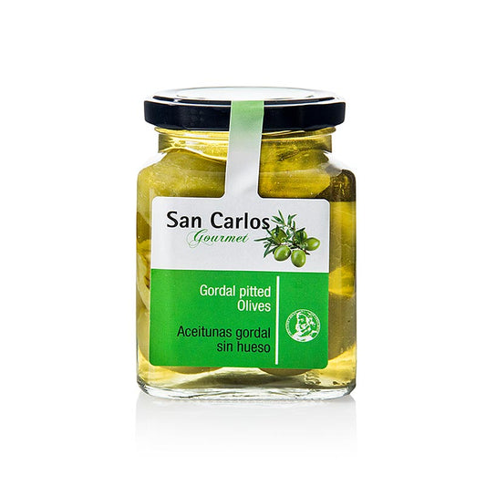 Olives vertes Gordal dénoyautées, San Carlos Gourmet, 300 g, douces, charnues et à l'arôme équilibré pour tapas, farces ou salades