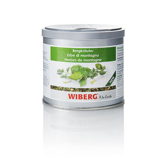 Image d'un paquet de 50 g d'herbes de montagne Wiberg, mélange d'herbes/fleurs, idéal pour les soupes, sauces, pâtes à tartiner et vinaigrettes Goût et parfum aromatiques et épicés